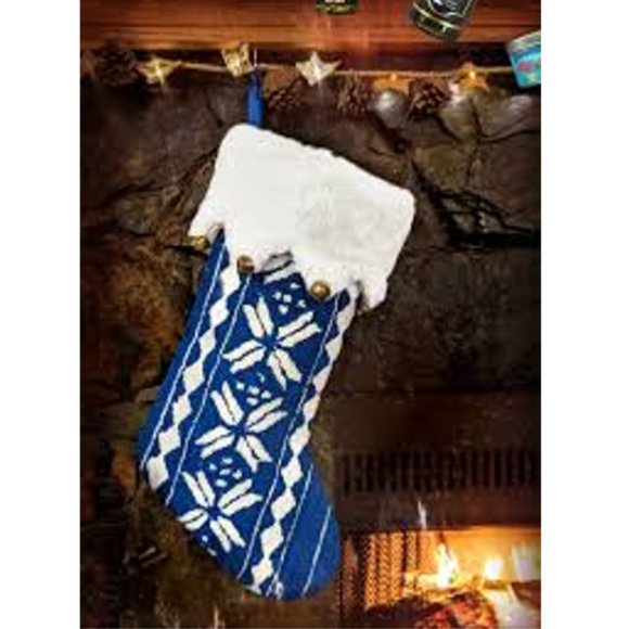 Christmas Holiday Stocking Festive Decor Blue White with Bells | New with Tag - Picture 2 of 4